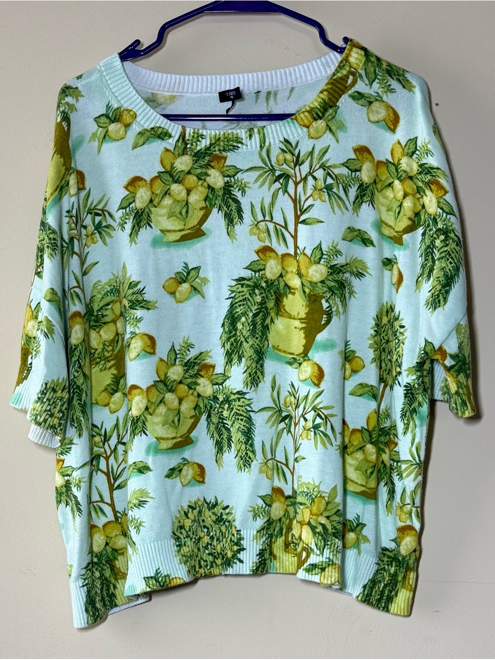 Talbots Mint Short Sleeve Sweater with Yellow Lemon & Green Botanical Print